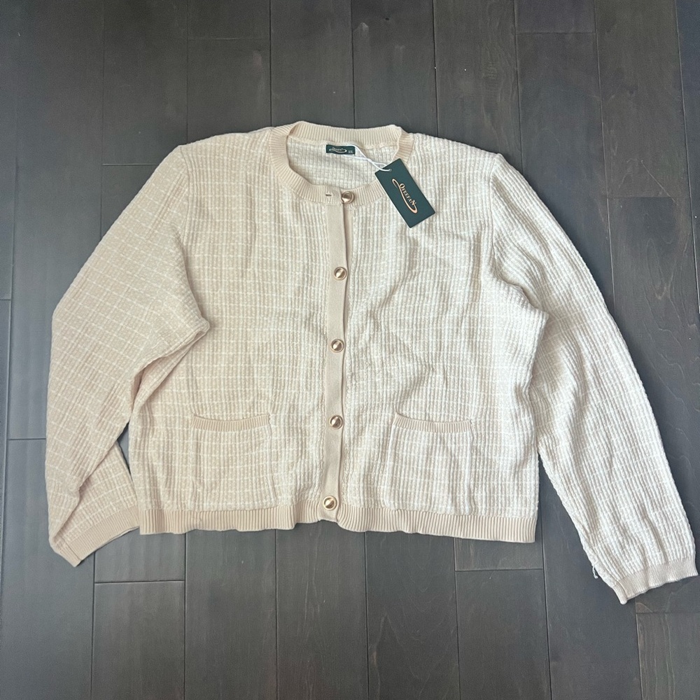 Light Beige and White Knit Cardigan with Gold Buttons